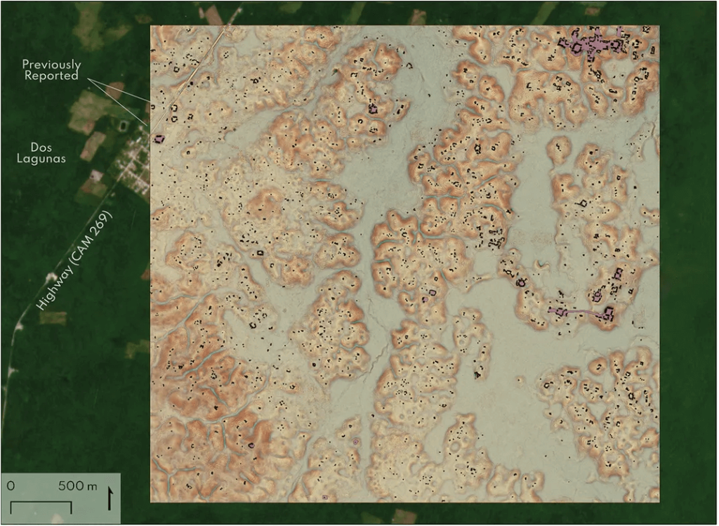 An annotated scan of Valeriana shows ruined platforms in purple and other ruined structures in black. Image credit: Antiquity/ L. Auld-Thomas et al.