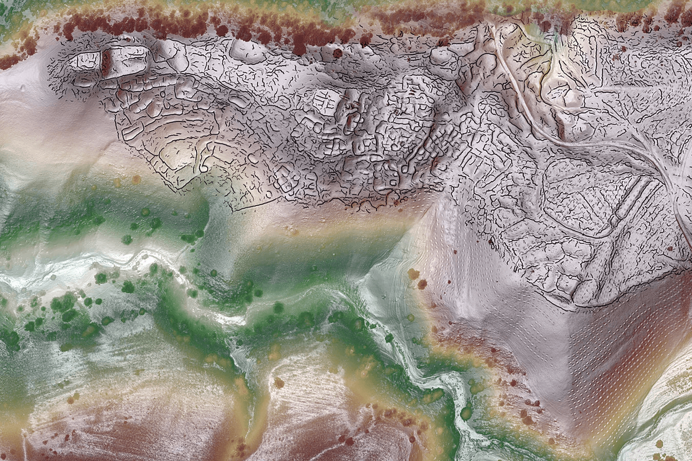 A lidar view of Tugunbulak, the site of a nearly 300-acre medieval city in Uzbekistan, with crest lines. SAIElab/J. Berner/M. Frachetti