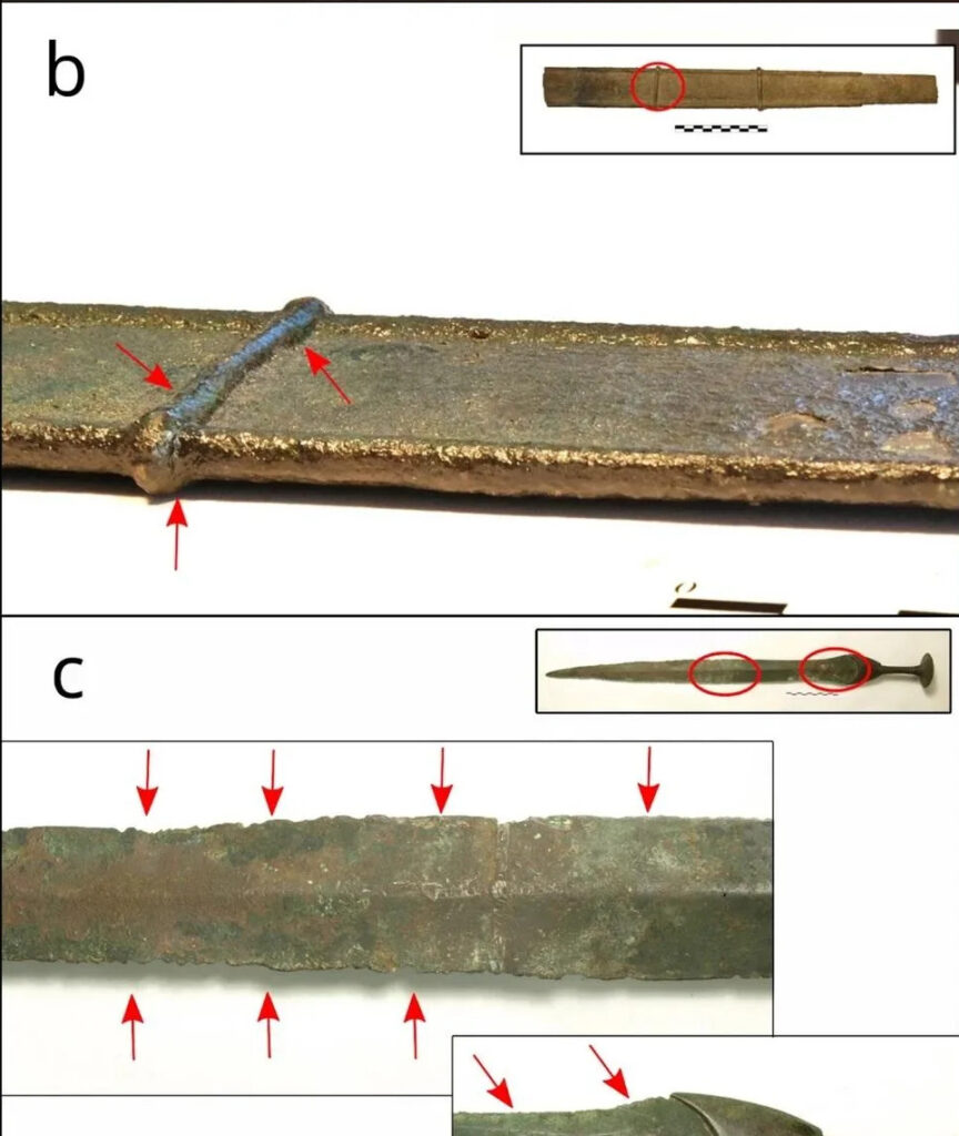  b) Image of the sword from Son Foradat and close-ups of the chipped sword blade. c) Image of the sword from Ses Salines and a close-up of the blade made to look like a sheath cast as one single piece. Image Credit: L. Perelló Mateo et al., Archaeol Anthropol Sci (2024)