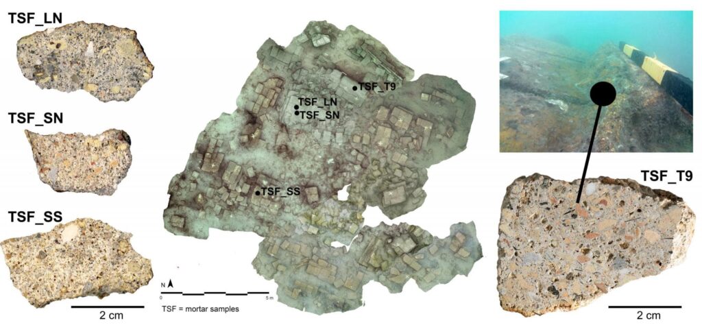 The remains of the submerged "Venetian well," documented thanks to underwater 3D surveys, and the mortar samples collected. Image Credit: University of Padua