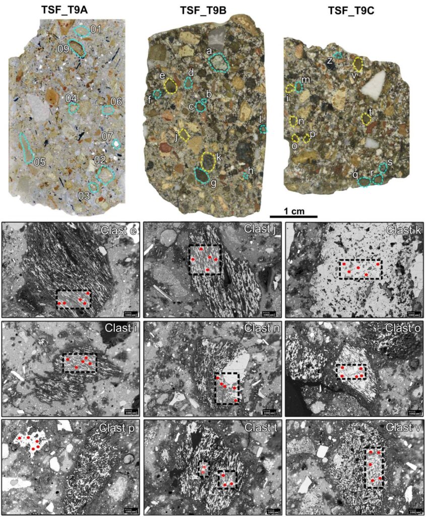 Highlighted are the clasts of pulvis puteolana included in the mortar samples and analyzed with geochemical investigations. Image Credit: University of Padua