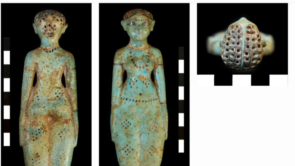 Fertility figures that were found inside the tomb. The holes were intended for the attachment of “hair”. Almost 4000 mud beads found next to the figurine constituted her original hair. Photo: South Asasif Conservation Project