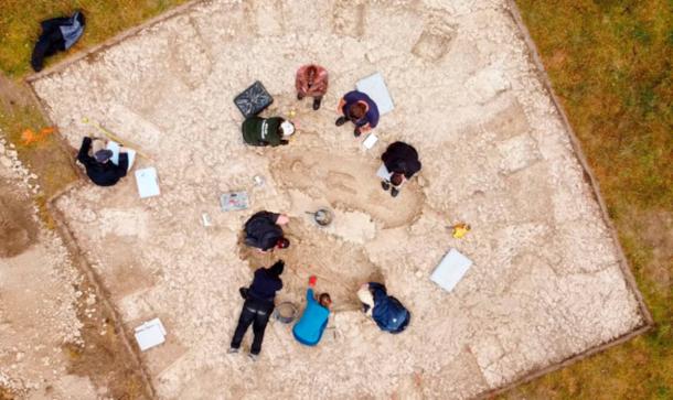 Aerial image of the Anglo-Saxon graveyard under excavation, to be revealed on Digging for Britain in January. Credit: Production/BBC/Rare TV