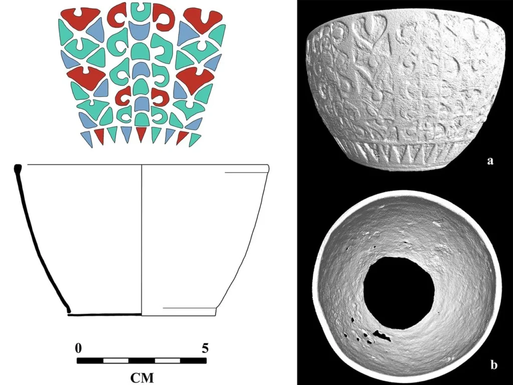 Left: Cross-section of the cup with its decorative scheme; Right: 3D scan view of the cup. Image Credit: H: Willmott et al., European Journal of Archaeology (2024)