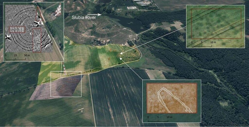 
The Słubia River Valley: synthetic imaging (geophysical research, remote photography and excavation trenches) on a 3D orthophotomap background, showing the rondel at Nowe Objezierze and its contemporary longhouse. Credit: Lech Czerniak