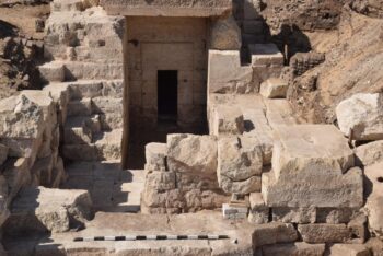 The north tower of the temple with the newly discovered chamber. Credit: Marcus Müller, Athribis Project