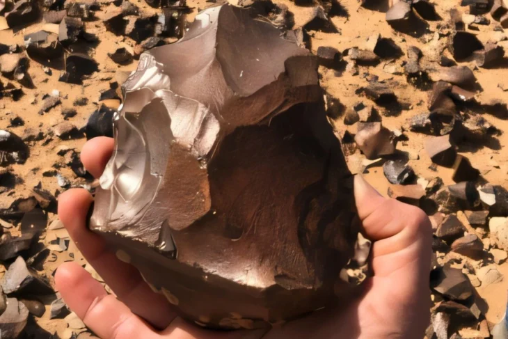 One of the scientific research discovered hand tools, with many stone tools and production residues visible on the surface in the background, Iraqi desert. Credit: University of Brussels