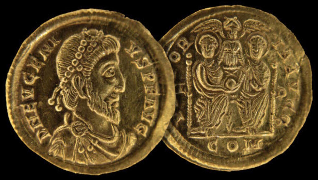 One of three gold coins featuring Eugenius that was found in a Roman-era hoard in Luxembourg. Credit: C. Nosbusch/INRA