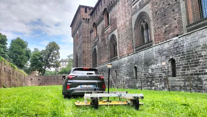 Geophysical surveys are undertaken at Milan's Sforza Castle. The buried passageways were found within the castle's outer wall. Credit:  Politecnico di Milano