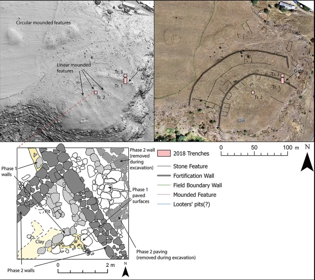 Hillshade (top left) and orthophoto (top right) of fortress core, with plan of trench 2 excavations. Credit: N. L. Erb-Satullo et al., Antiquity (2025)