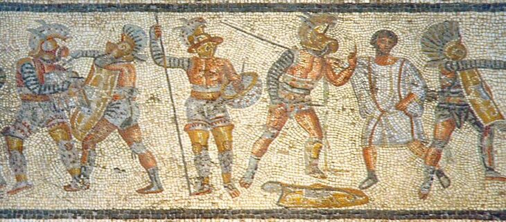 Part of the Zliten mosaic from the 2nd century AD showing gladiators. Photo: Wikipedia