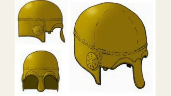 A recreation by artist Craig Williams showing the nose and eyebrow pieces that first alerted an expert that the fragments might be a helmet. Credit: The Trustees of the British Museum