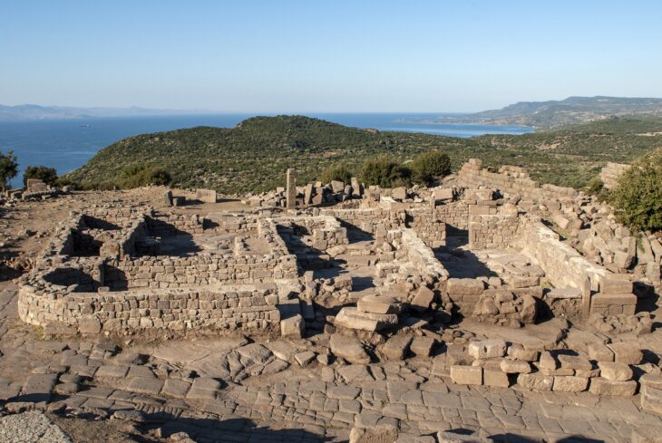 An aerial view of the Assos excavation site in Behramkale village, Çanakkale province, Türkiye. Photo: AA