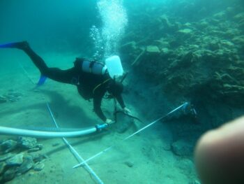 Fieldwork on the seabed at the submerged port in the ancient Greek city of Asini. Credit: Ministry of Culture of Greece