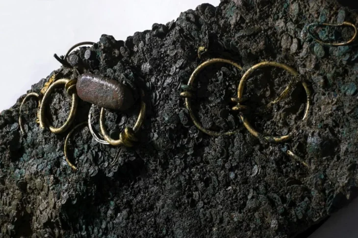 Gold torques & jewellery among coins revealed during the conservation of the Le Câtillon II hoard. Credit: Jersey Heritage