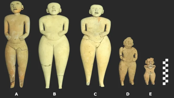 Archaeologists uncovered five ceramic figurines at the San Isidro archaeological site in El Salvador. Scale in centimeters. Image credit: J. Przedwojewska-Szymańska/PASI; Antiquity