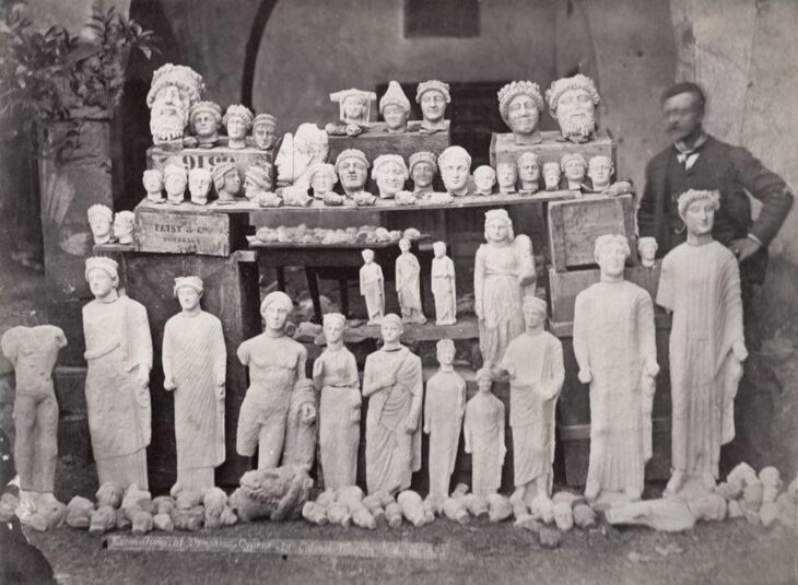 The German explorer Max Ohnefalsch-Richter with the statues unearthed from the excavations. Credit: Universities of Frankfurt