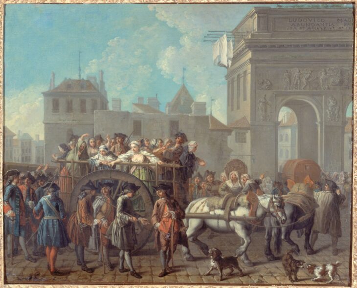 French prostitutes being taken to the police station; painting by Étienne Jeaurat. Credit: Public Domain