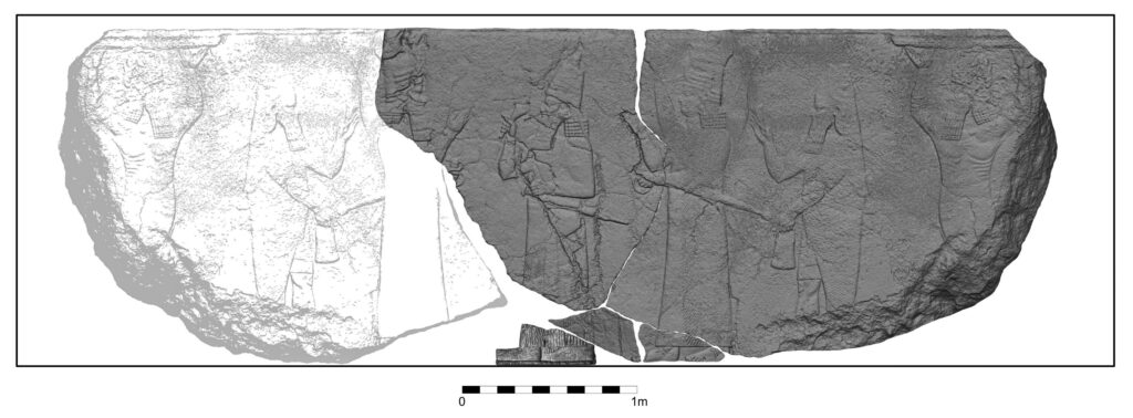 3D model of the relief: the finds are marked in dark grey the light gray part represents a reconstruction based on the finds. Kin Ashurbanipal is depicted in the center, flanked by the god Ashur (left) and Ishtar, patron goddess of Niniveh (right). They are both followed by a fish genius and a supporting figüre with raised arms. Credit: Michael Rımmel