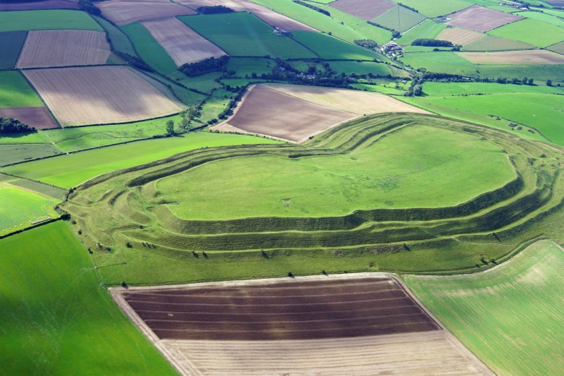 Aerial view of Maiden Castle, Dorset, the largest Iron Age hillfort in Britain. Credit: Jo and Sue Crane
