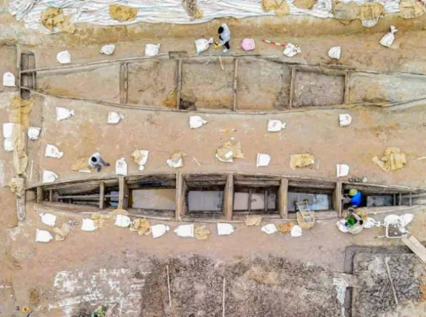 Aerial view of the excavation site of the two boats, unearthed near the Luy Lau citadel in Vietnam. Credit: Thanh Cong/Vietnam Institute of Archaeology