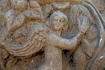 The sarcophagus features Eros heads, the Greek god of love, uncovered in the ancient city of Stratonikeia, Muğla, southwestern Türkiye. Credit: AA