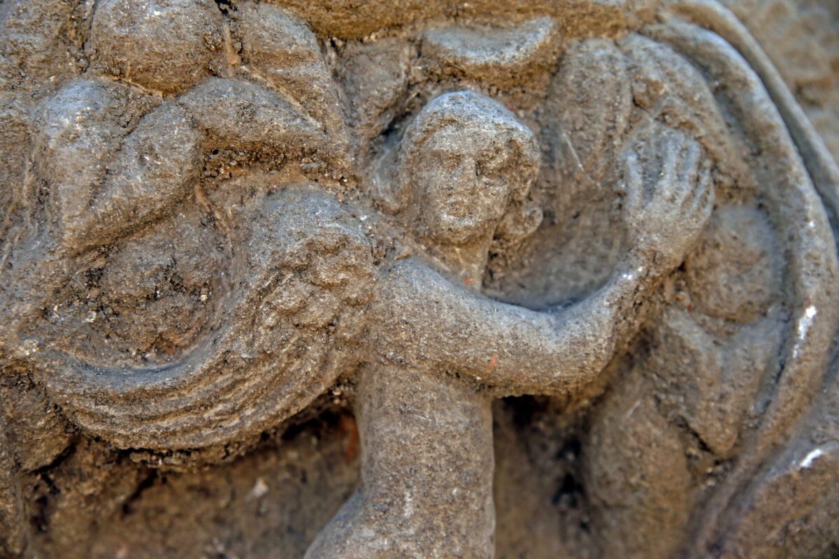 The sarcophagus features Eros heads, the Greek god of love, uncovered in the ancient city of Stratonikeia, Muğla, southwestern Türkiye. Credit: AA