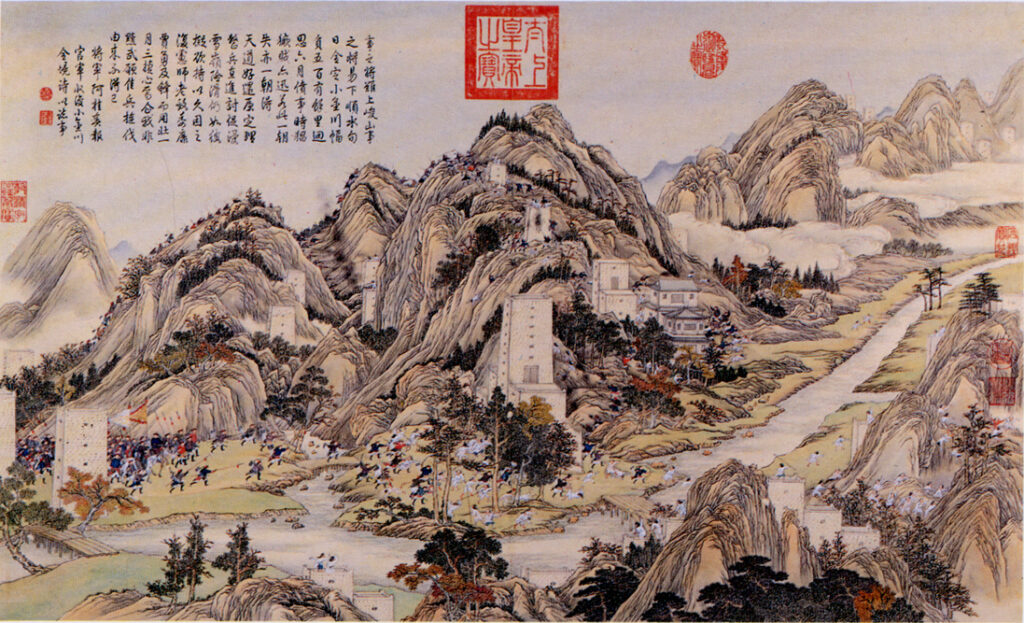 Himalayan towers depicted in a painting of the Jinchuan campaigns. Credit: Public Domain