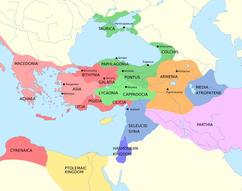 A map of the Middle East, Greece, and Asia Minor showing the states at the outbreak of the First Mithridatic War in 89 BC. Credit: Public Domain