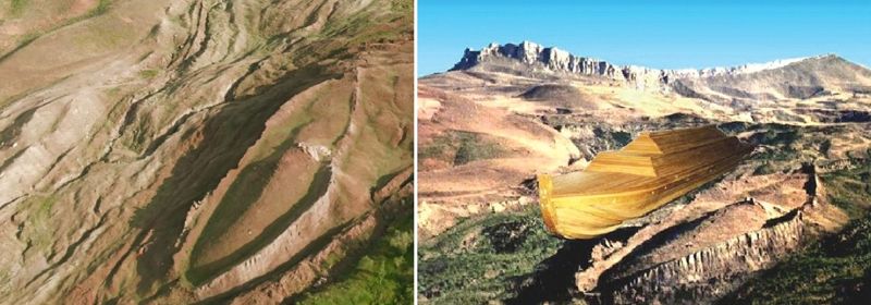 The location of the ark on Mount Ararat (left), graphic image of the ark on the right. Source=YouTube