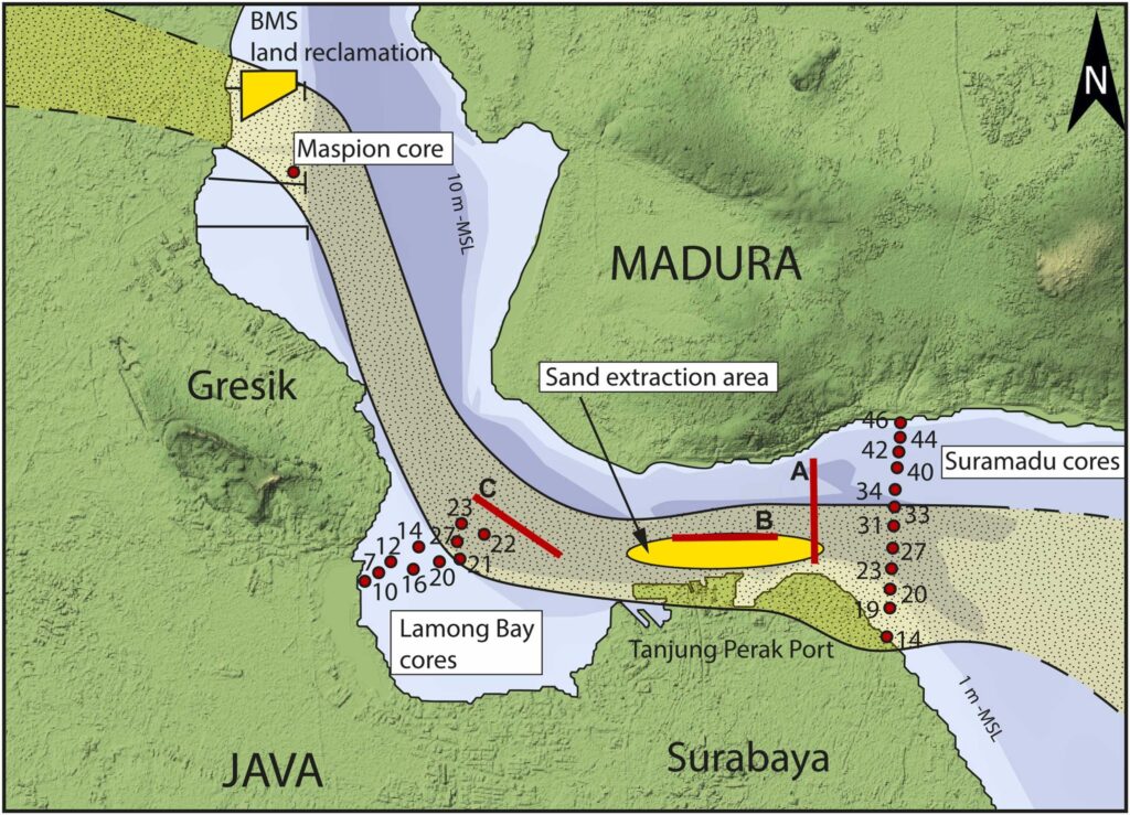 Map of the Madura Strait north of Surabaya showing the locations of the sub-bottom profiling sections (red lines labeled A–C) and deep drilling sites (red circles) used in this study. The dotted area indicates the estimated position of the sand-filled ancient river valley (paleovalley). Credit: Berghuis et al. (2024), Quaternary Environments and Humans.