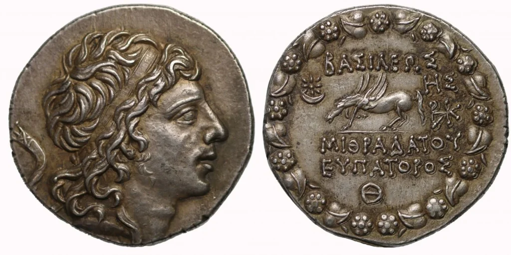 Silver Tetradrachm of Mithridates VI Eupator, struck 90/89 BC. Diademed head right; reverse shows Pegasus drinking, within a wreath. Star and crescent symbol at left.