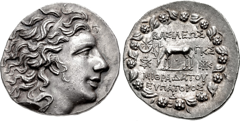 Silver tetradrachm of Mithridates VI Eupator, struck in Pergamon, January 74 BC. Features his diademed portrait and a grazing stag within a Dionysiac wreath. Credit: Public Domain
