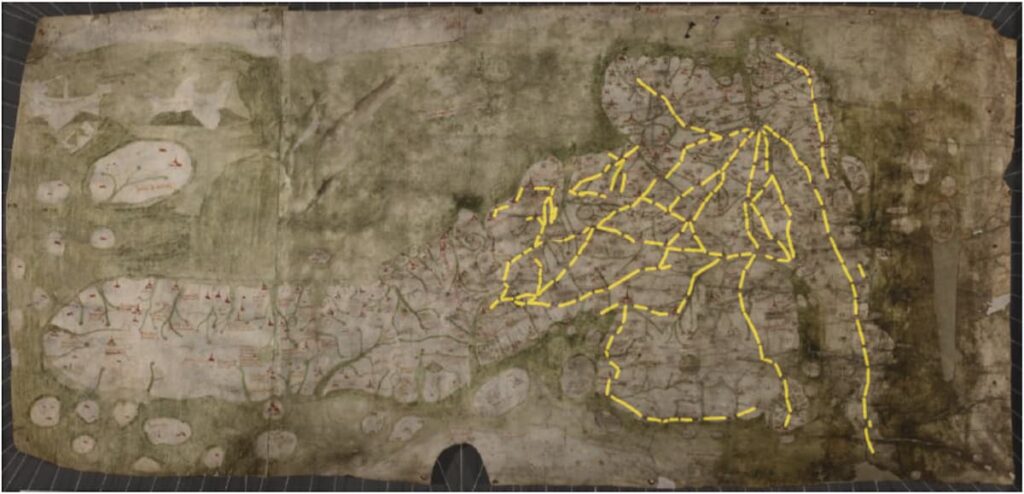 The Gough Map, with the ‘red lines’ highlighted in yellow. Credit: Linguistic Geographies and The Bodleian Libraries, University of Oxford