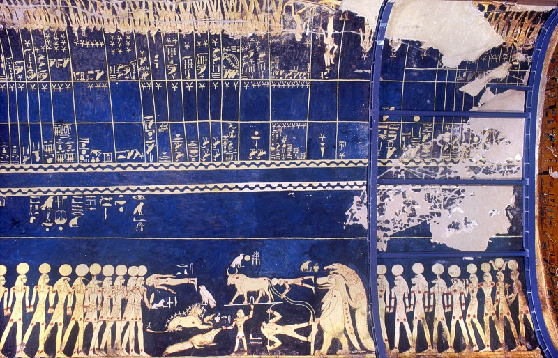 The astronomical ceiling in the tomb of Seti I (KV 17) features undulating black curves running between rows of yellow half-circles that frame both halves of the ceiling. Credit: Dr. Or Graur