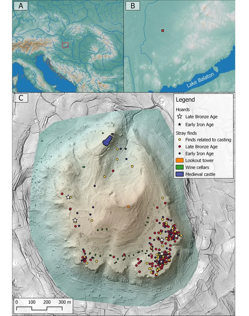 The map illustrates the research area (A) and the prominent Somló Hill (B). A detailed digital terrain model (C) of Somló Hill pinpoints the precise locations where the significant artifacts were unearthed. Credit: Bence Soós et al., Antiquity (2025)