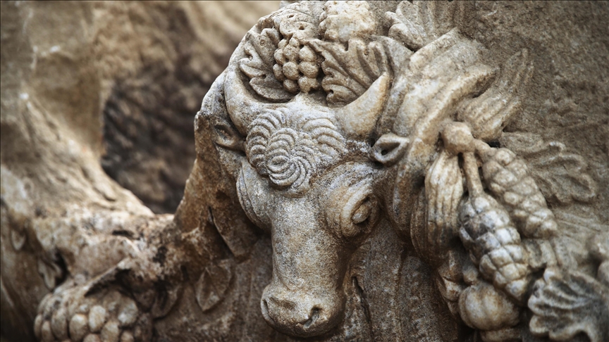 The sarcophagus features ram heads, uncovered in the ancient city of Stratonikeia, Muğla, southwestern Türkiye. Credit:Durmuş Genç/AA