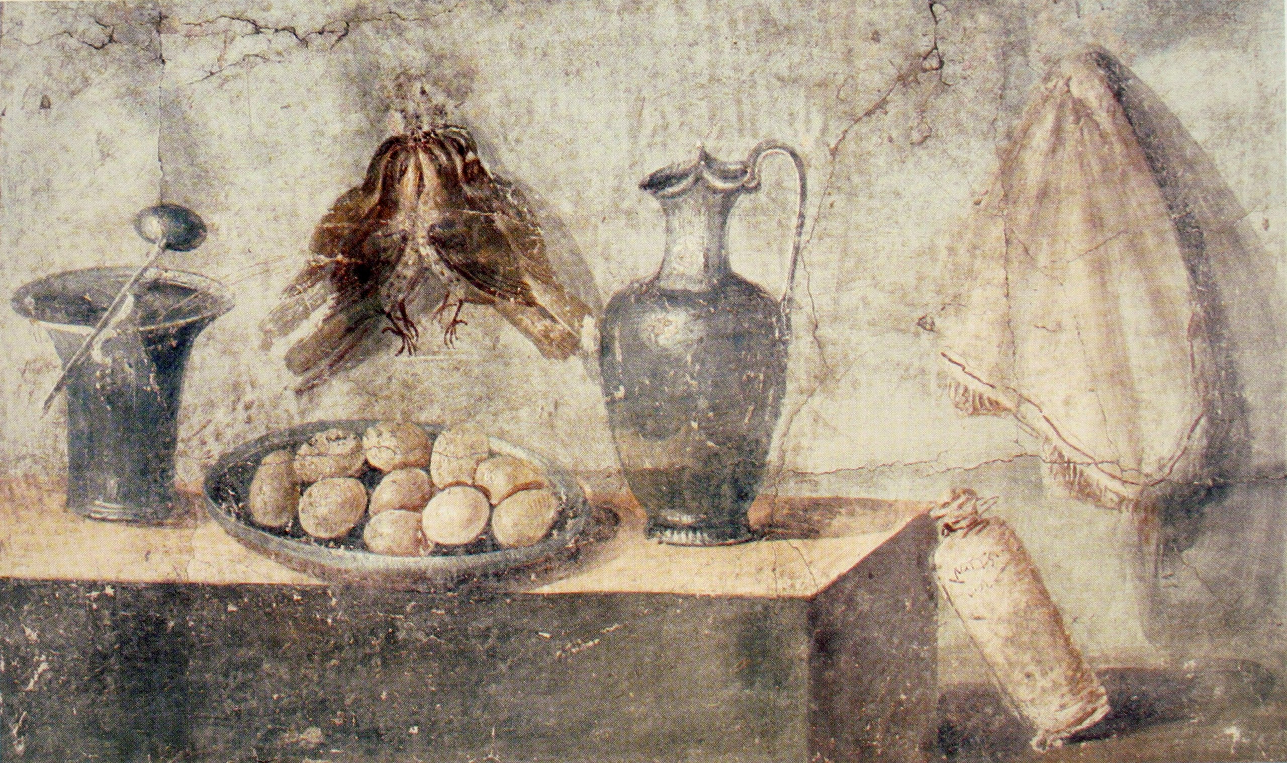 Ancient Rome painting depicting eggs, birds and bronze dishes found in the Roman House of Julia Felix. Public Domain