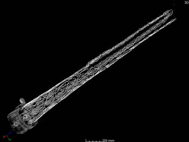 A 3-D image of the spear through the X-ray of a CT scan. Credit: Preservation and Utilization Council of “Sacred Island of Okinoshima and Associated Sites in the Munakata Region"