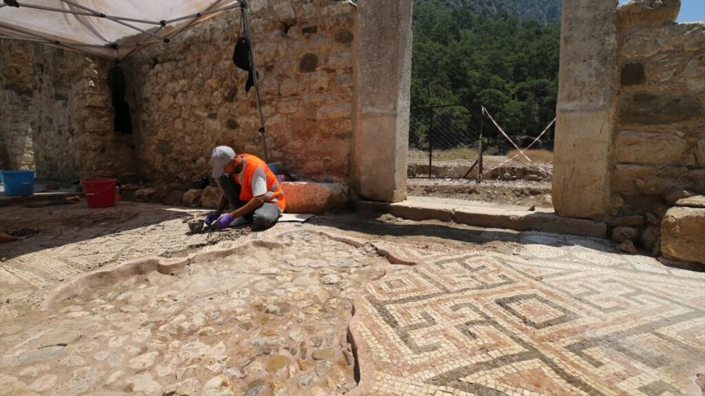 Newly discovered mosaics at Olympos Ancient City reveal intricate geometric and floral patterns inside a Byzantine-era church. Credit: Anadolu Agency (AA)