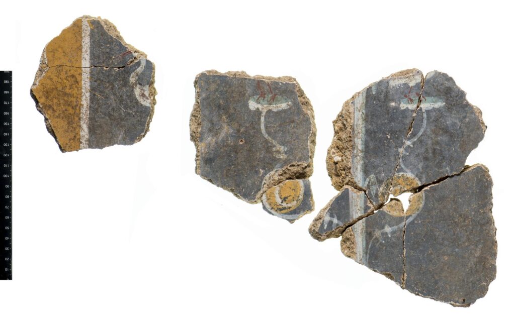 Reconstructed sections of bird motifs from the Liberty Roman wall plaster, meticulously pieced together from thousands of fragments after 2,000 years underground. Credit: Museum of London Archaeology (Mola)