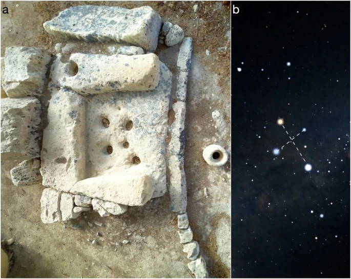 (a) Overhead photograph of the Tarxien horizontal slab (photo by Daniel Cilia, with permission); (b) the Southern Cross when rising as seen from Malta around 3250 BC. Source: Silva, F. & Lomsdalen, T. (2025)