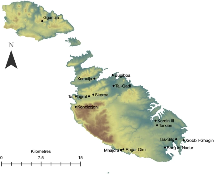 The location of the Maltese temples mentioned in this study, including Ġgantija, Ħaġar Qim, Mnajdra, and Tarxien—some of the oldest freestanding stone structures in the world. Their orientations were statistically analyzed to explore potential alignments with celestial bodies such as Hadar, Gacrux, and Avior. Source: Silva, F. & Lomsdalen, T. (2025)https://doi.org/10.1007/s12520-025-02208-4
