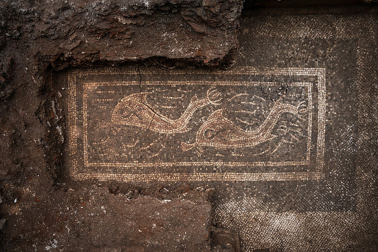 This Roman mosaic featuring dolphin depictions was uncovered in Thalheim. Credit: OÖLKG / University of Salzburg