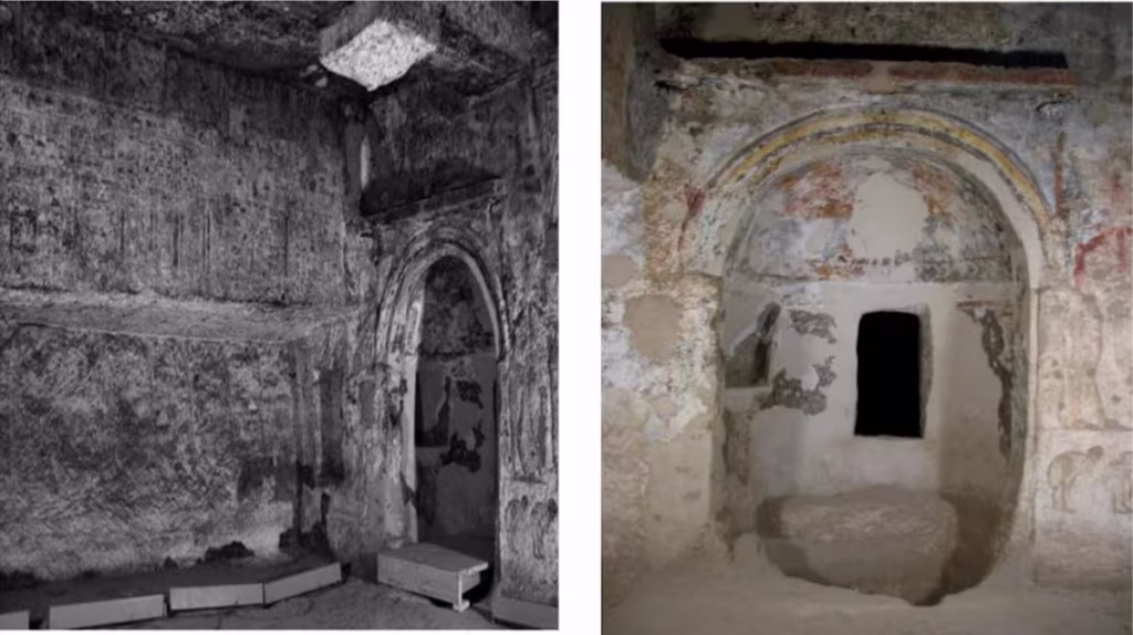 The apse features the cornice of the original false door above, a later-added window in the rear wall, and a cistern carved into the floor—evidence of adaptive reuse by Christian monastic communities. Credit: Pyke 2008, EA 32,8