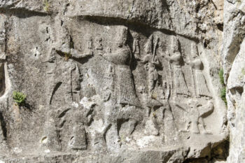 The central scene of the shrine of Yazilikaya Chamber A, with the double-headed eagle supporting two goddesses (Akurgal 1973:Figure 151)