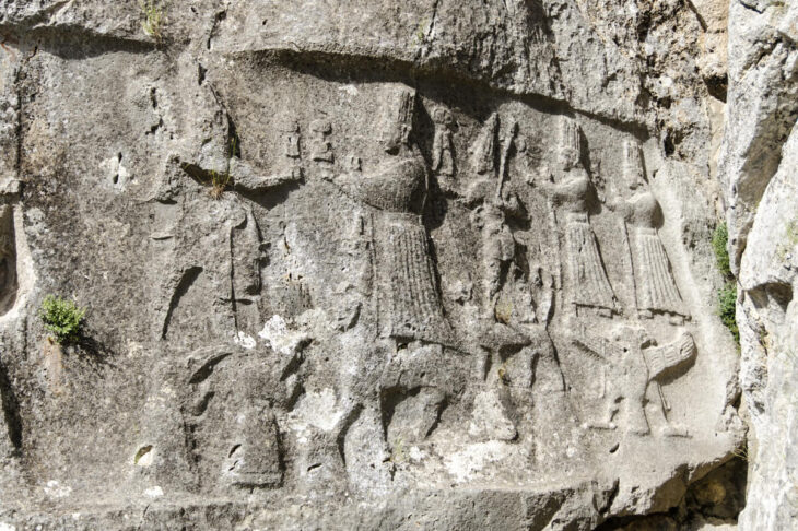 The central scene of the shrine of Yazilikaya Chamber A, with the double-headed eagle supporting two goddesses (Akurgal 1973:Figure 151)
