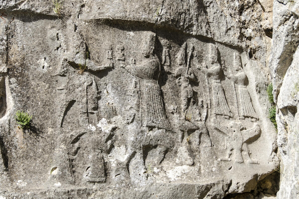 The central scene of the shrine of Yazilikaya Chamber A, with the double-headed eagle supporting two goddesses (Akurgal 1973:Figure 151)