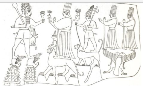 Interpretive drawing of the central relief scene in Chamber A of the Yazılıkaya rock sanctuary (14th–13th century BCE), showing a double-headed eagle supporting two goddesses. This drawing reconstructs the original relief based on archaeological findings. Source: Akurgal, 1973, Fig. 151