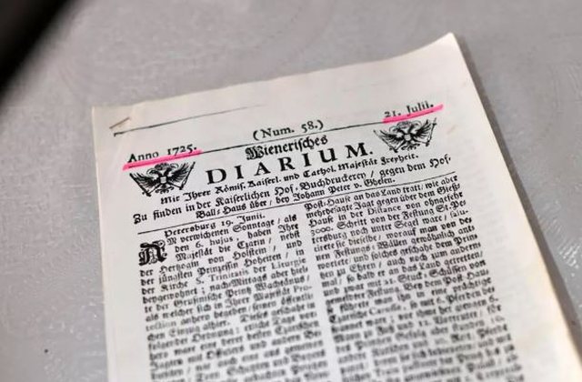 A copy of the Austrian newspaper 'Wienerisches Diarium' dated July 21, 1725, featuring the first recorded report on Petar Blagojević’s alleged vampirism. Credit: Vox